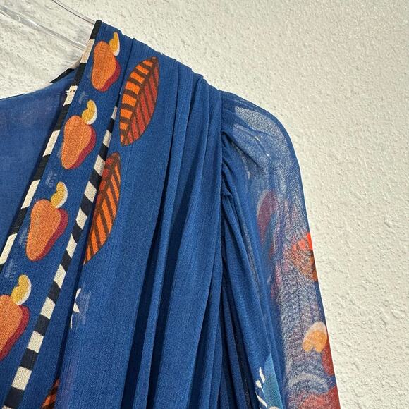 Farm Rio Nature Beauty Blouse Top Women XS Blue Floral V Neck Peplum Chiffon - Picture 3 of 6